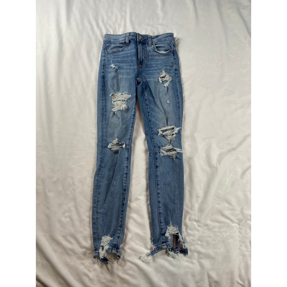 American Eagle Hi-Rise Jegging Womens 2 Short Blue‎ Excellent Distressed Skinny